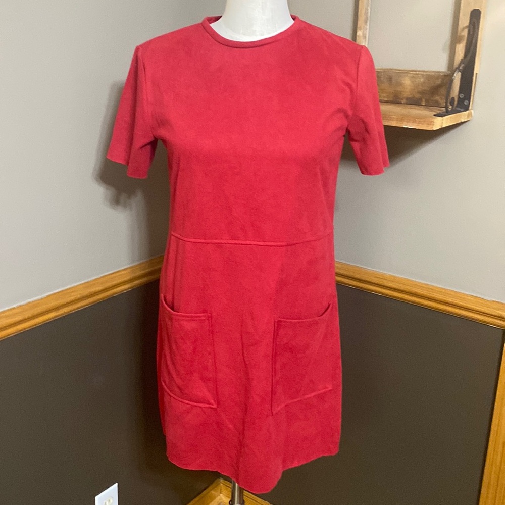 Zara red faux suede short sleeve shift dress size Small